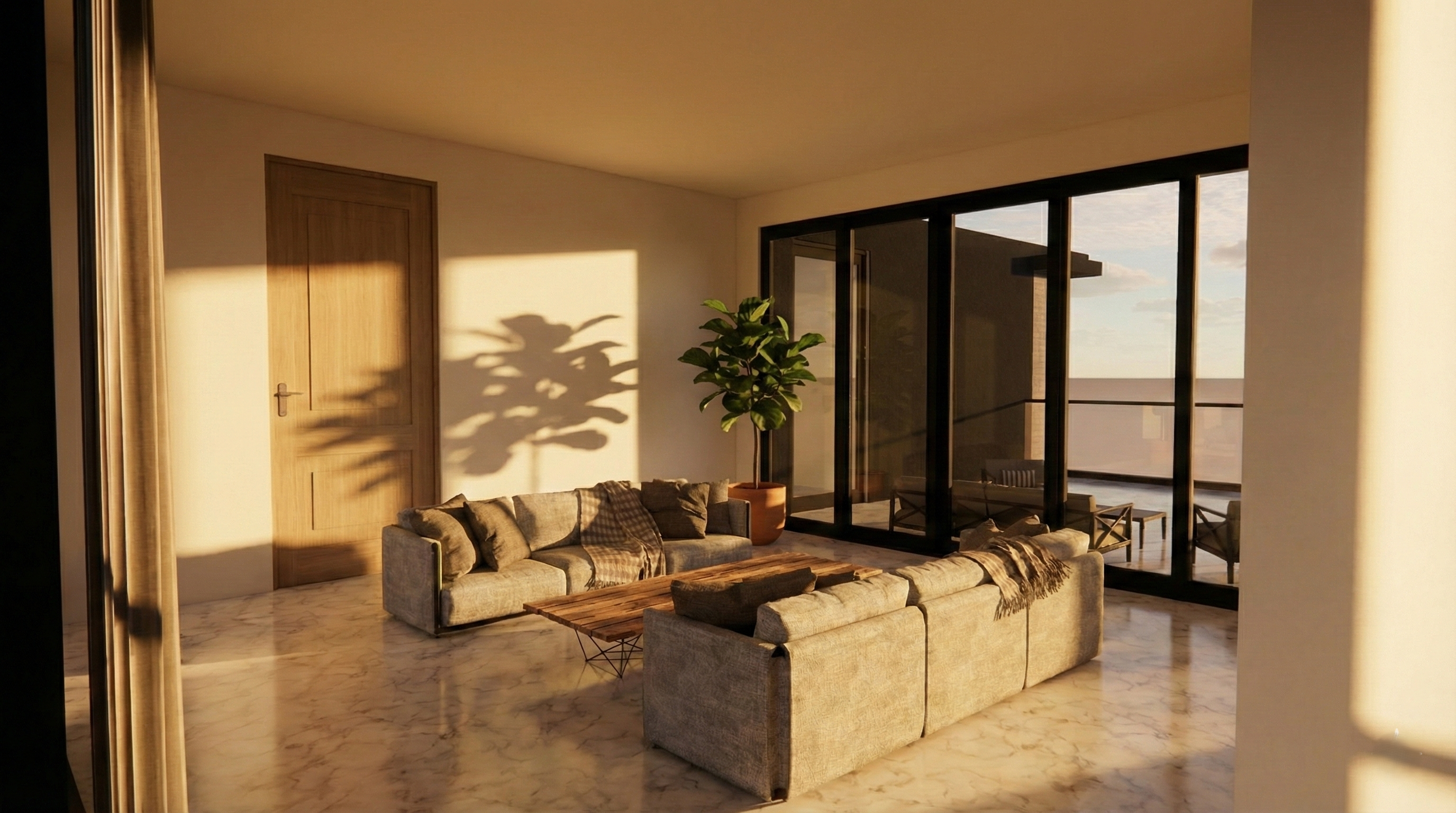 Imaginary House - living room at golden hour with sliding glass doors to a terrace